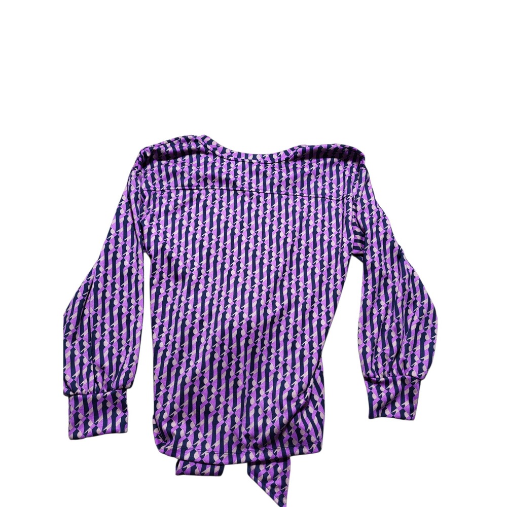 Liz Claiborne Blouse V-Neck Long Sleeve Tie Waist Purple Pattern 0X - Picture 4 of 5